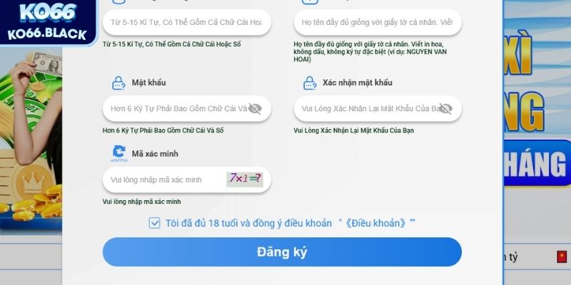 Người chơi cần nhập thông tin của để tiến hành đăng ký