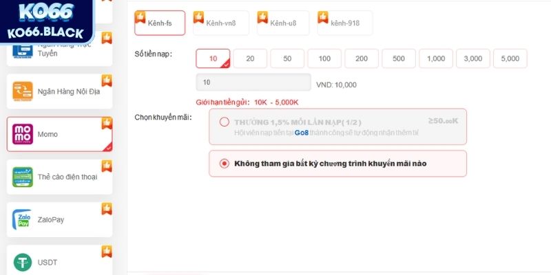 Nạp tiền qua ví điện tử